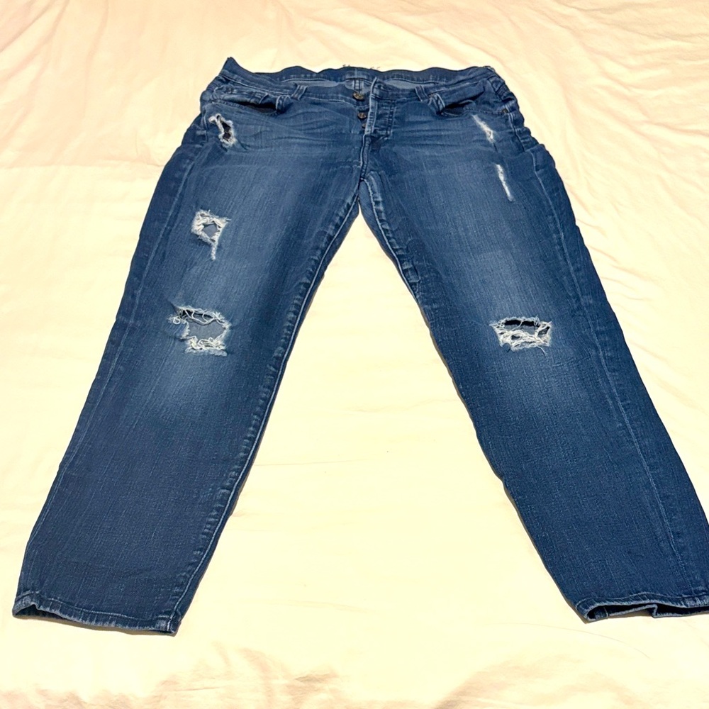 7 For All Mankind Distressed Cropped Jeans in Dark Blue